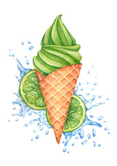 Watercolor illustration soft ice cream in a waffle cone refreshing lime flavor with lime slices and water splashes
