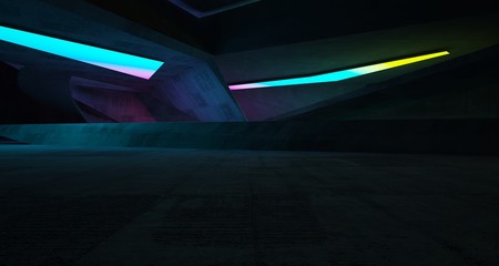 Abstract architectural concrete interior of a minimalist house with color gradient neon lighting. 3D illustration and rendering.