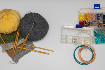 White background with tools for handicraft