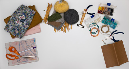 White background with tools for handicraft