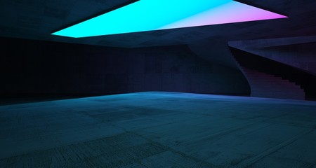 Abstract architectural concrete interior of a minimalist house with color gradient neon lighting. 3D illustration and rendering.