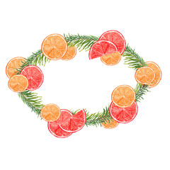 Christmas wreath frame made of fir, pine branches citrus, slices of orange, lemon, grapefruit. Made with watercolors on an isolated white background. Used for various festive decoration