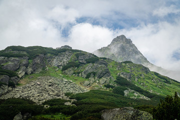 High Tatras mountain range valley covered with clouds