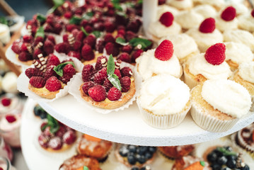 Tiered pastry stand with fruity tarts and cupcakes