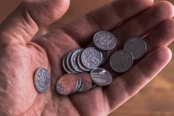 Coins of the Republic of Moldova - LEU in a man's hand. © Evgheni