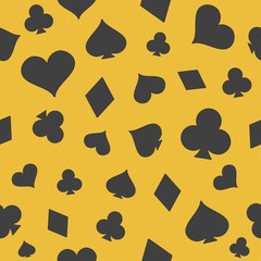 Playing cards suits seamless pattern. Black symbols card - hearts, spades, diamonds, clubs. Template design for poster, banner, wallpapers, web page backgrounds, surface textures.