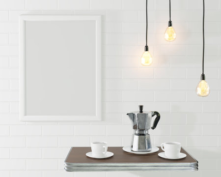 The white frame for the picture in the loft interior. Conceptual cafe with a brick wall and vintage lamps. Old coffee pot and cups. 3d rendering © photolas