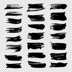 Abstract textured big black ink brushstrokes set isolated on imitation transparent background