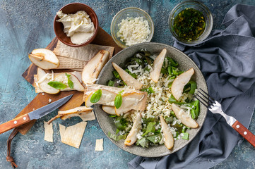 Salad with cottage cheese, Romano leaves, sweet pear and cheese. Cream Cheese Biscuits with Pear Slices