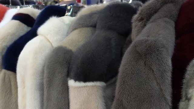 Different models of mink coats hang on hangers in a row in a store.