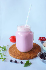 berries and milk smoothies, blue, pink, purple, coral