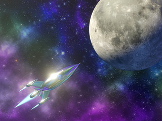 Space rocket flies to the moon on the background of a beautiful starry sky. Multicolored space nebula. 3D rendering.