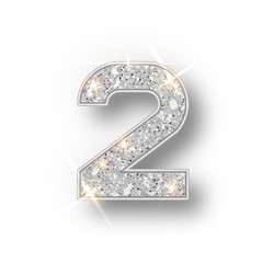 Silver glitter alphabet numbers 2 with shadow. Vector realistick shining silver font number two of sparkles on white background. For decoration of cute wedding, anniversary, party, label, headline