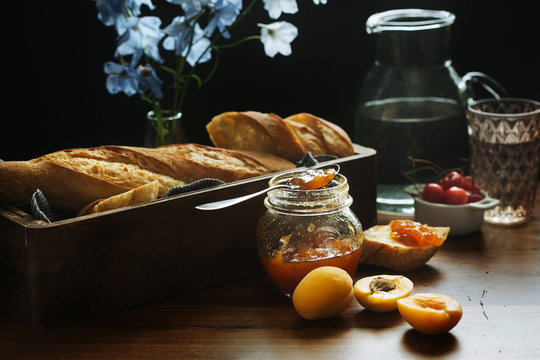 Baguette with jam and apricots
