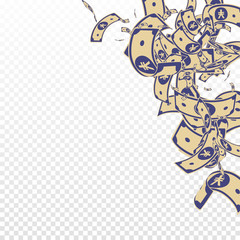 Chinese yuan notes falling. Messy CNY bills on tra