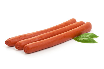 Naklejka premium Smoked thin sausages, isolated on white background