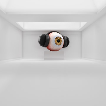 Giant eye with black headphones in an art gallery