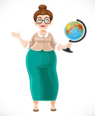 Fototapeta premium School teacher in glasses with hair gathered in bun holds a physical earth globe object isolated on white background