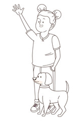 Teenager smiling and walking the dog cartoon in black and white