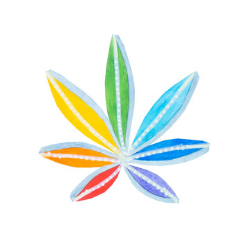 foglia di cannabis stilizzata disegno sfondo bianco, arcobaleno