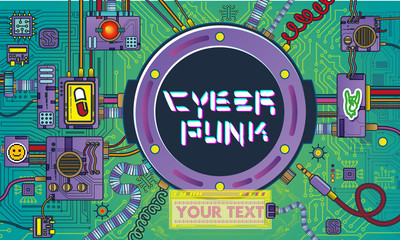 futuristic poster with retro games elements tech abstract poster template modern flyer, retro science cyberpunk robots mechanisms and machines details of the spacecraft pop art retro