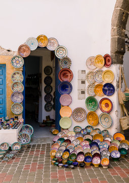Colorful plates with a traditional moroccan ornament presented on the market in Marrakech