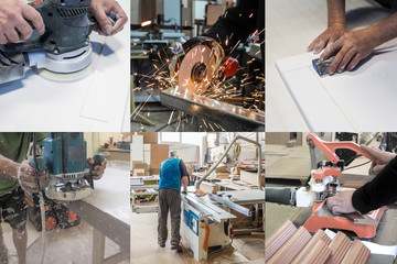 Collage from different pictures of production cycle in the furniture industry