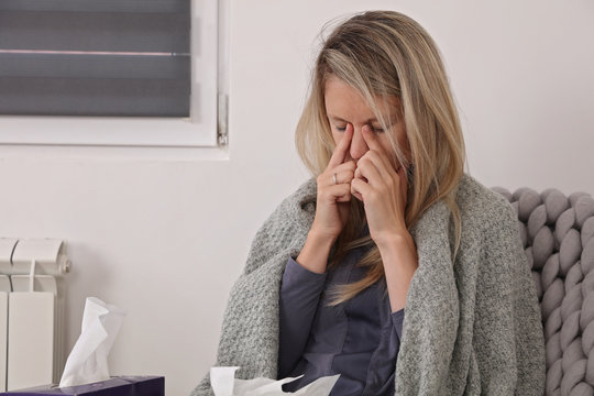 Woman Sneezing into Tissue. Flu, Allergy, Runny Nose