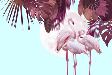 moon and flamingo background design with tropical leaves, can be used as background, wallpaper - obrazy, fototapety, plakaty
