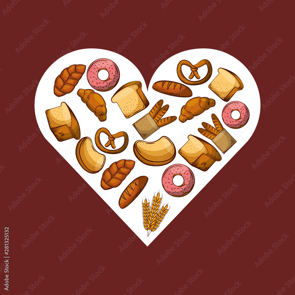 Poster heart of bread types of bakery vector design