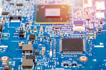 Close up of a circuit board with processor. Selective focus