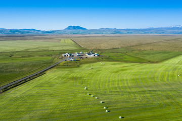 Aerial view of round hay bales