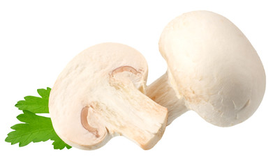 mushrooms with slices and parsley leaf isolated on white background