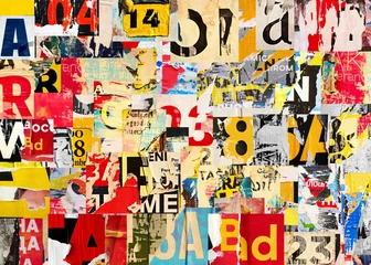 Door stickers Hotel Collage of many numbers and letters ripped torn advertisement street posters grunge creased crumpled paper texture background placard backdrop surface