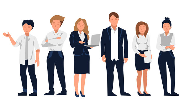 Business people  work team. A group of people dressed in strict suit. Vector illustration in a flat style