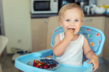 Adorable cute caucasian blond toddler boy enjoy tasting different seasonal fresh ripe organic berries sitting in highchair at home kitchen. Happy kid eating natural sweet healthy food as lunch snack