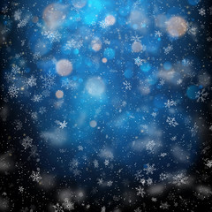 Christmas template with white blurred and clear snowflakes on dark blue background. EPS 10