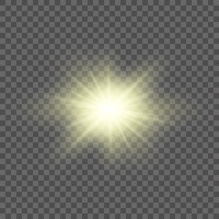 Gold glowing light burst explosion with transparent. Vector illustration for cool effect decoration with ray sparkles. Bright star. Transparent shine gradient glitter, bright flare. Glare texture.