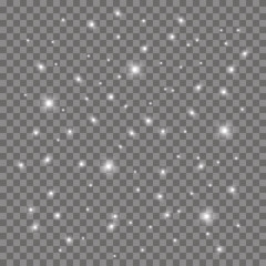 White sparks shine a special light effect. Glitters on a transparent background. Christmas abstract pattern. Glittering particles of magical dust. Stock vector