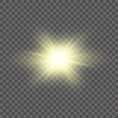 Gold glowing light burst explosion with transparent. Vector illustration for cool effect decoration with ray sparkles. Bright star. Transparent shine gradient glitter, bright flare. Glare texture.