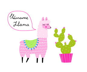 Fun Animal Lama speaking spanish and cactus hand drawn doodle print design