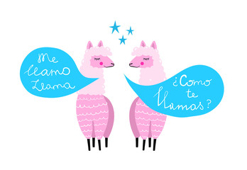 Two Llamas talking hand drawn colorful print design