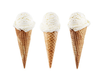 Vanilla ice cream scoop with cone isolated on white background