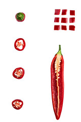 Seamless pattern with red hot chili peppers. Vegetables abstract background. Food collage, slicing hot red chili peppers Red hot chili peppers on a white background.