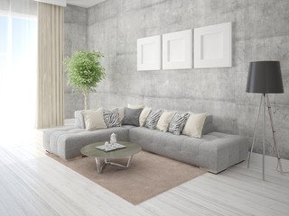 Mock up fashionable living room with a stylish corner sofa and an original background.