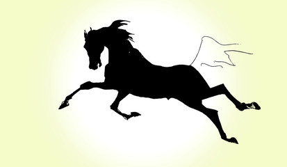 vector pen-drawn  image of a black silhouette of a galloping horse on a colored background