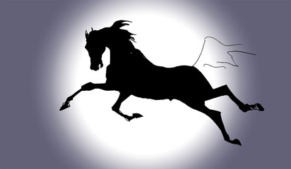 drawn image of a black silhouette of a galloping horse on a colored background © Viktoria Suslova