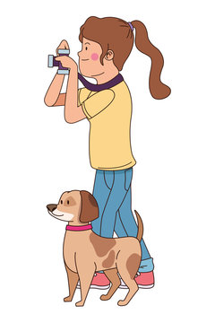 Teenager smiling and walking the dog cartoon