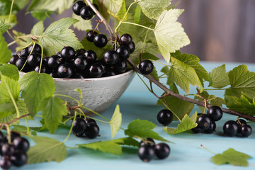Black currant on a blue wooden background