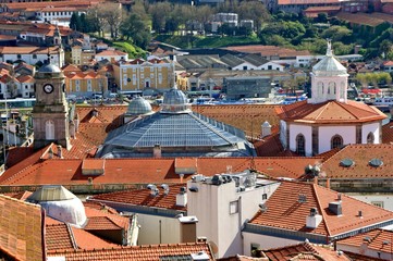 Panoramic view of Douro river and rooftops of Porto, Portugal